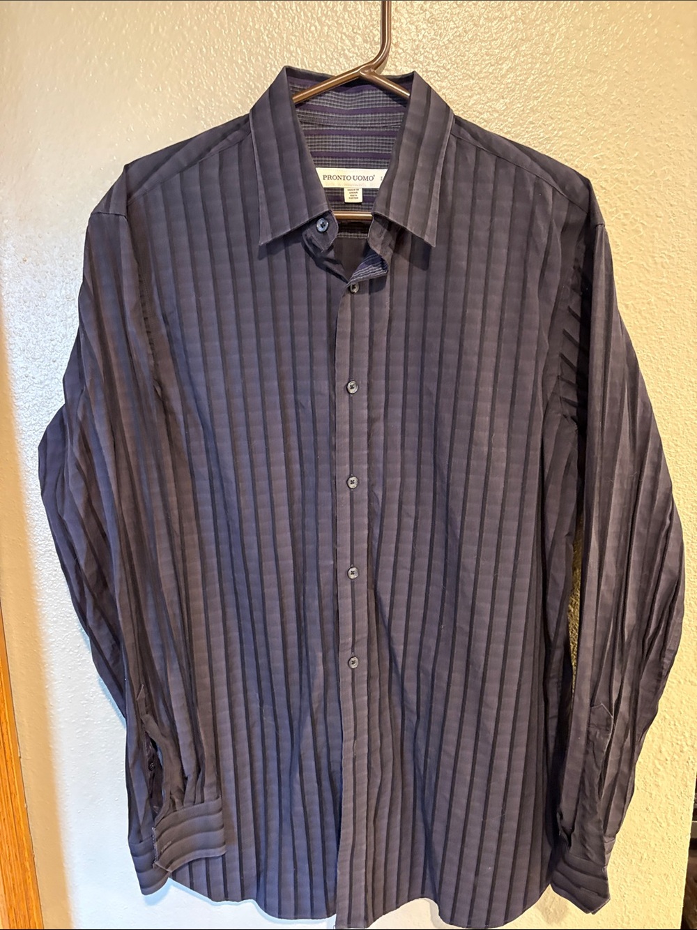 Pronto Uomo Men's Dark Navy Pinstripe Dress Shirt Size L